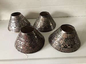 4 Antique Gorham Silver Pierced Filigree Shades With 2 Parts Liners Mica Paper