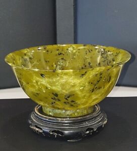 Antique 19th Century Chinese Carved Green Spinach Jade Bowl