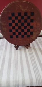 Vintage Primtive Scribed Red Black Checker Board Game On Old Round Bread Board