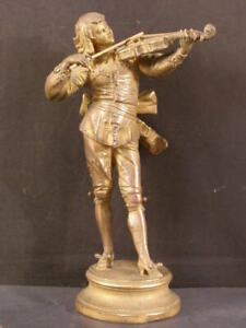  19th C Bronze French Statue Figurine Musician Sculpture Violin Man Art Nouveau 