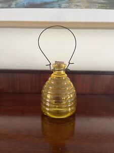 Vintage Ribbed Glass Wire Hanger Bee Wasp Fly Trap Hang Tabletop Yellow 