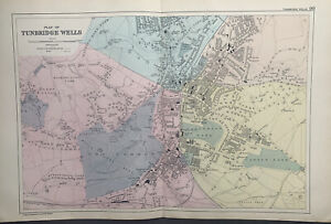 1895 Tunbridge Wells Town Plan Original Antique Hand Coloured Map By G W Bacon
