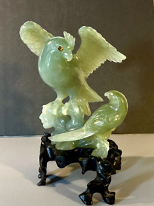 Chinese Carved Jade Birds On Wooden Stand