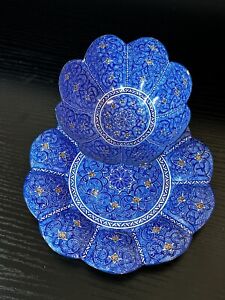 Vintage Islamic Mina Kari Painted Enamel Over Copper Persian Art Bowl Plate