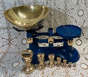 Vintage English Victor Kitchen Scales Blue 7 Brass Bell Weights