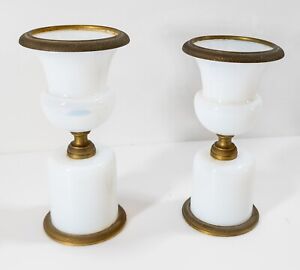 Antique Pair Of French Opaline White Glass Small Urns Bronze Mounts