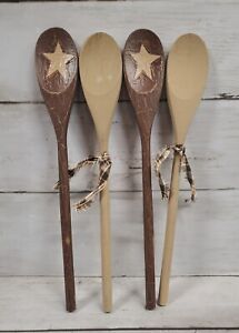 Primitive Crackle Brown W Tan Star Wood Spoon Utensils Set Of 4 Country Decor