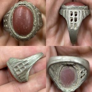 Wonderful Vintage Post Medieval Brass With Old Stone Insert Rare Ring