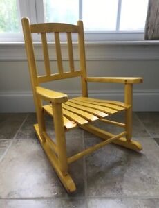 Vintage Slightly Shabby Wooden Yellow Childs Rocking Chair Wood Slat Rocker