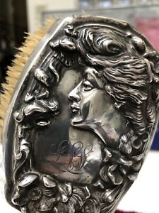 Antique Art Nouveau Sterling Silver Vanity Hair Brush Gibson Girl Maiden Rare 