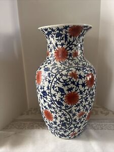 Vintage Chinese Blue And White Orange Flowers Porcelain Vase