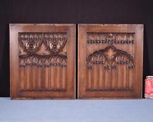 Pair Of French Vintage Gothic Revival Panels In Solid Oak Wood Salvage
