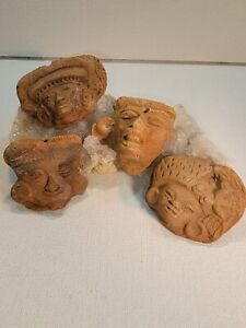 Mayan Aztec Artifacts Effigy Pre Columbian Lot 4 Hand Carved Pottery Clay Heads