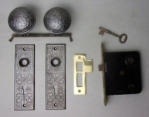 Antique Door Set Victorian Eastlake Backplate Knob Mortise Lock Key Reclaimed