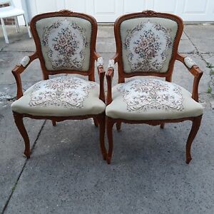 Pair Of French Provincial Floral Tapestry Chairs In Very Good Condition 