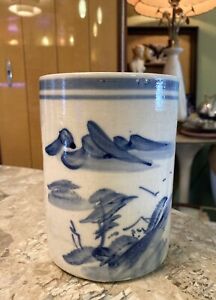 Antique 19th Century Hand Painted Japanese Brush Pot Cylinder Vase Blue White