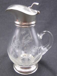 Frank M Whiting Sterling Silver Top Bottom Intaglio Cut Glass Syrup Pitcher