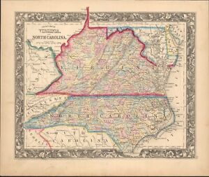1860 Virginia N Carolina Mitchell Antique Map 15 2 X 12 7 Vibrant Hand Color