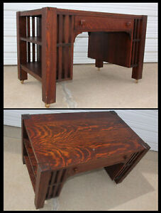 Antique Arts Crafts Mission Tiger Oak Library Table Slatside Bookshelves Desk