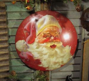 Prim Antique Vtg Style Red Christmas Classic Santa Claus Round Dome Tin Sign