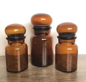 Vtg Belgium Amber Glass Brown Art Deco Apothecary Jar Containers W Lids Set Of 3