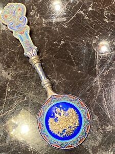 Large Russian Silver 88 Cloisonne Enamel Gold Washed Serving Spoon