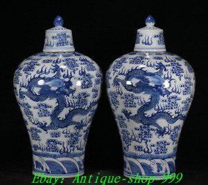 Daqing Guangxu Year Marked Blue White Porcelain Dragon Pattern Bottle Vase Pair