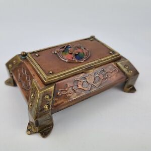 Antique Arts And Crafts Copper And Brass Stamp Box With Enamel Roundel Nouveau