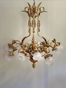 Vintage Dore Bronze Chandelier French Rococo Tiche Porcelain Rose Shade Palatial