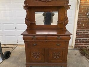 Antique Victorian Oak Buffet With Ornate Carved Accents Mirror Dovetail Drawers