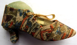 Antique Original Material Covered Heeled Shoe Pin Cuhion Thimble Holder