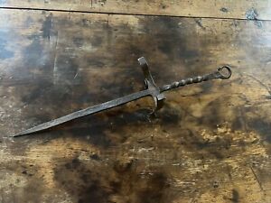 A Rare 18th C Wrought Iron Decorated Handle Roasting Skewer Old Surface