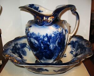 Spectacular Antique Flow Blue Pitcher And Bowl Set For Vanity Wash Stand