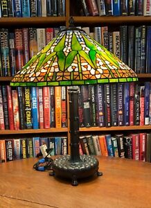Antique Tiffany Studios Reproduction Arrowroot Leaded Glass Lamp On Library Base