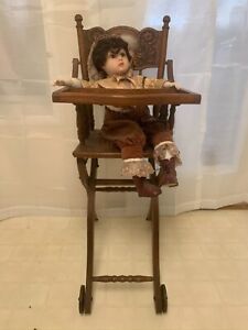 Antique Wicker Baby High Chair Rocker Stroller Cast Iron Toy Wheel