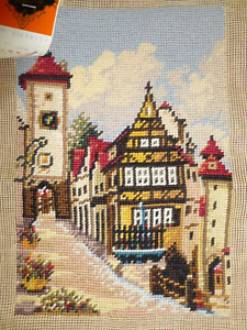 Beautiful Vintage Needlepoint Tapestry Completed Nos Old Country Town Pillow