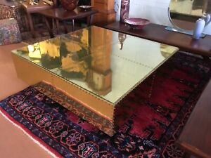 Mcm 42 X42 Brass Clad Riveted Coffee Table On Plinth Base Attributed To Sarreid 