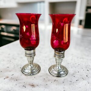 2 Vtg Revere Sterling Silver Candle Holders W Cranberry Crystal Hurricane