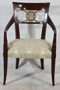 Baker Furniture Hollywood Regency Mahogany Arm Chair Gilt Accents Damask Fabric