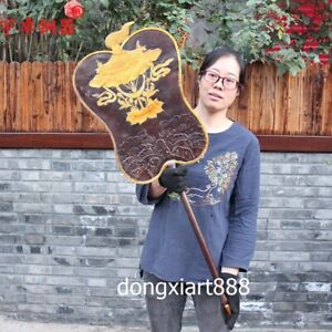 China Bronze Copper Exorcise Evil Spirits Lotus Streamer Palm Leaf Fan Umbrella