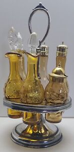 Vintage Victorian 7 Pcs Amber Cruet Castor Set Salt Pepper Vinegar Oil Mustard