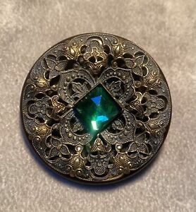 Large Openwork Brass On Bakelite Button With Facet Green Glass Center
