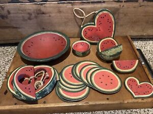 Primitive 10 Pc Lot Of Hand Painted Wood Watermelon Bowls Napkin Rings Folk Art