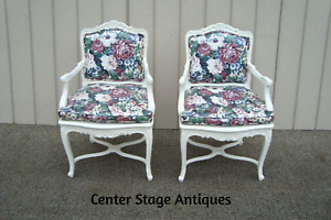 60612 Pair Of Romantic Shabby Bergere Floral Armchairs With Factory White Finish