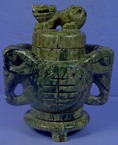 Vintage Chinese Carved Stone Censer Incense Burner With Elephant Head Handles