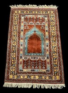 Hand Knotted Vintage Wool Rug Colorful Turkish Prayer Design 3 11 X 5 9