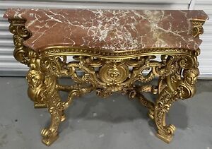 Vintage French Carved Giltwood Marble Top Deco Console Table