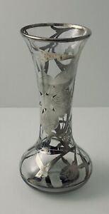 Art Nouveau Sterling Silver Overlay Hand Blown Floral Pattern Glass Vase Antique