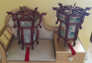 Antique X2 Oriental Hand Painted Glass Wood Puzzle Box Prosperity Lanterns
