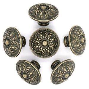 6 Pcs Vintage Antique Brass Knobs Handles Pulls With Flower Pattern For Cabinet